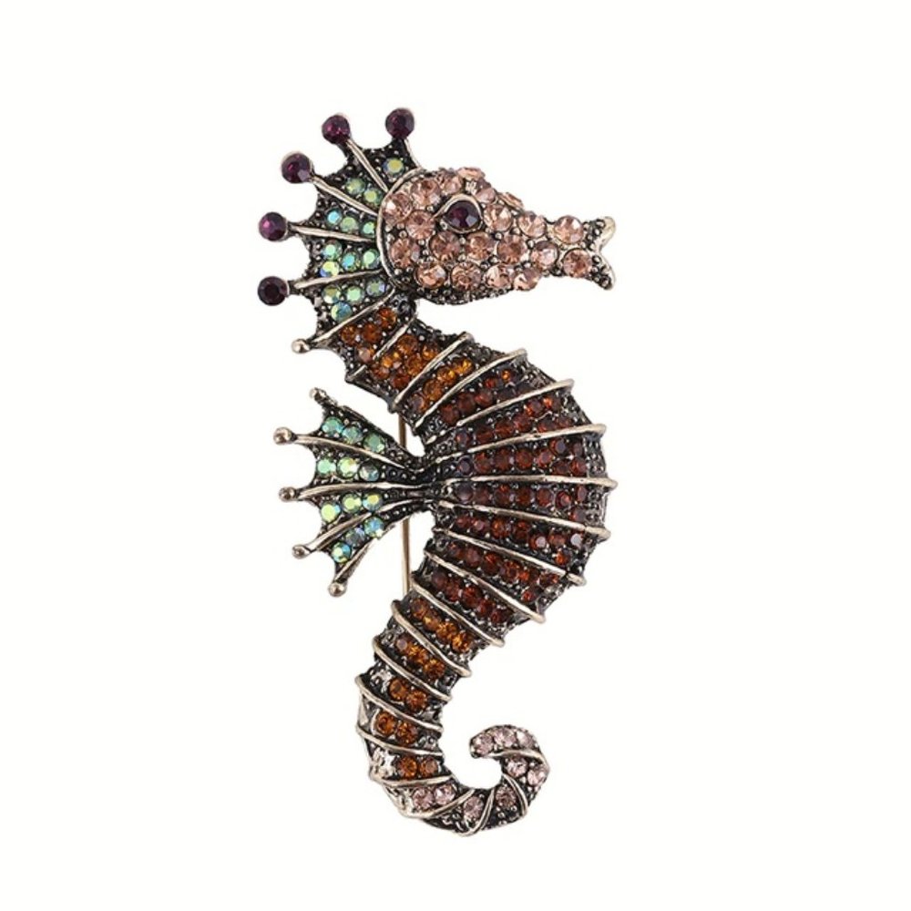 Brown Rhinestone Seahorse Pin Broach